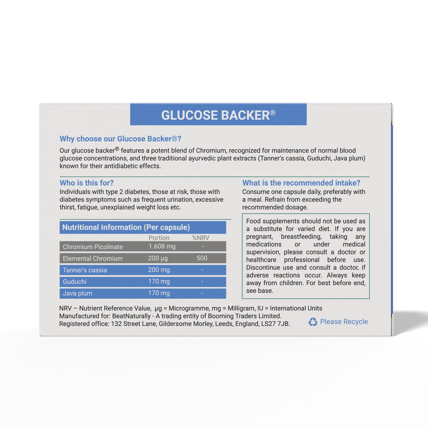 
                  
                    Glucose Backer supplement packaging - backside with nutritional information.
                  
                