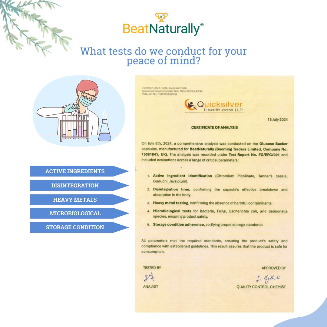 
                  
                    Certificate of analysis approved by a chemist for BeatNaturally's Glucose Backer - A blood sugar supplement.
                  
                