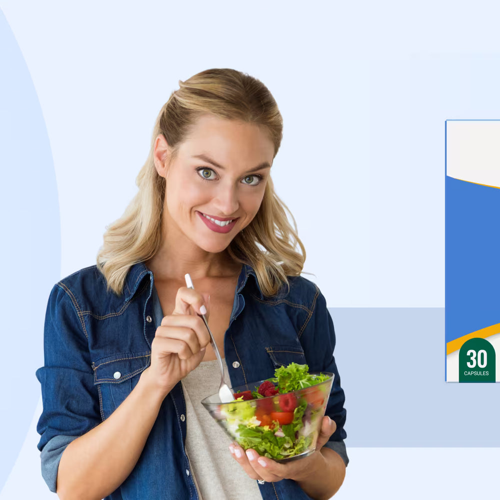 BeatNaturally Glucose Backer supplement promotion — with woman holding a salad on light blue background.