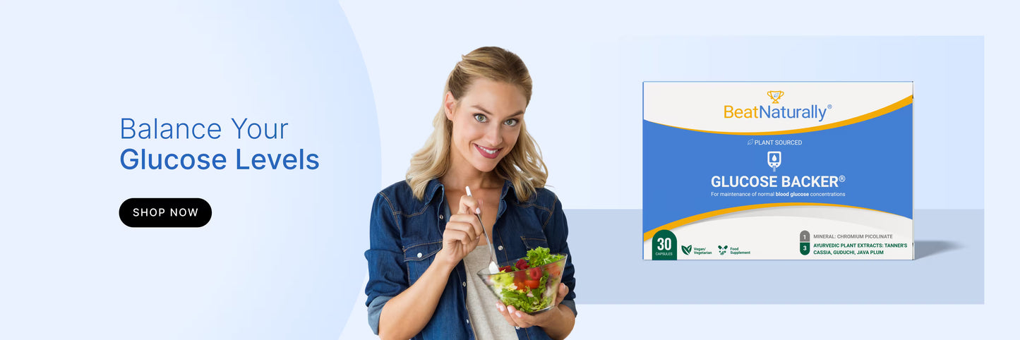 BeatNaturally Glucose Backer supplement promotion — with woman holding a salad on light blue background.