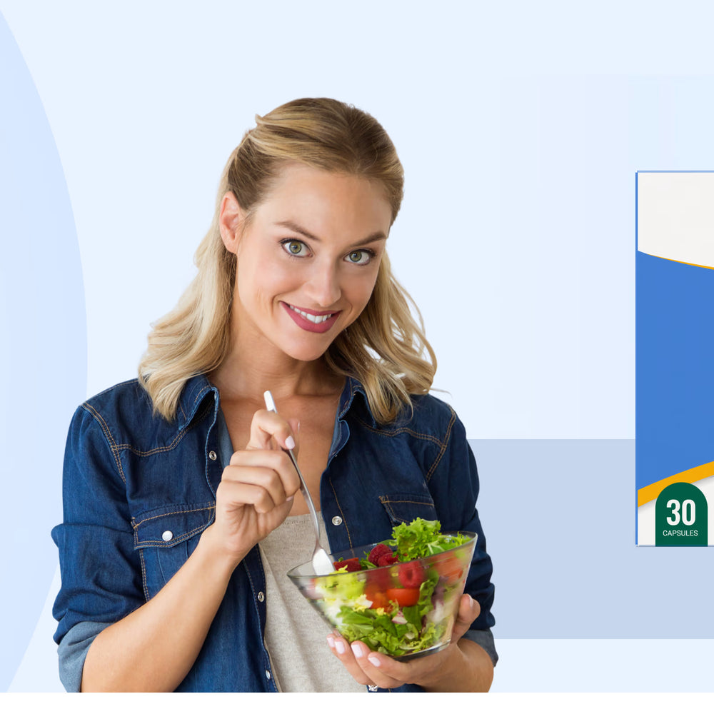 Woman holding a salad with a BastNaturally's Glucose Backer product on a blue background