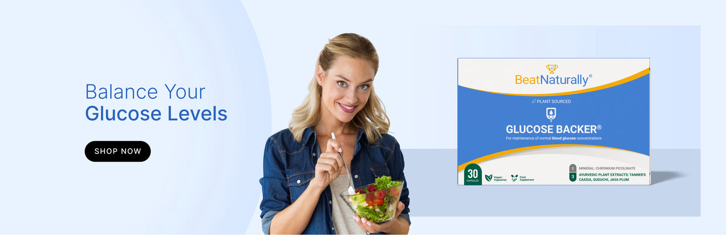 Woman holding a salad with a BastNaturally's Glucose Backer product on a blue background