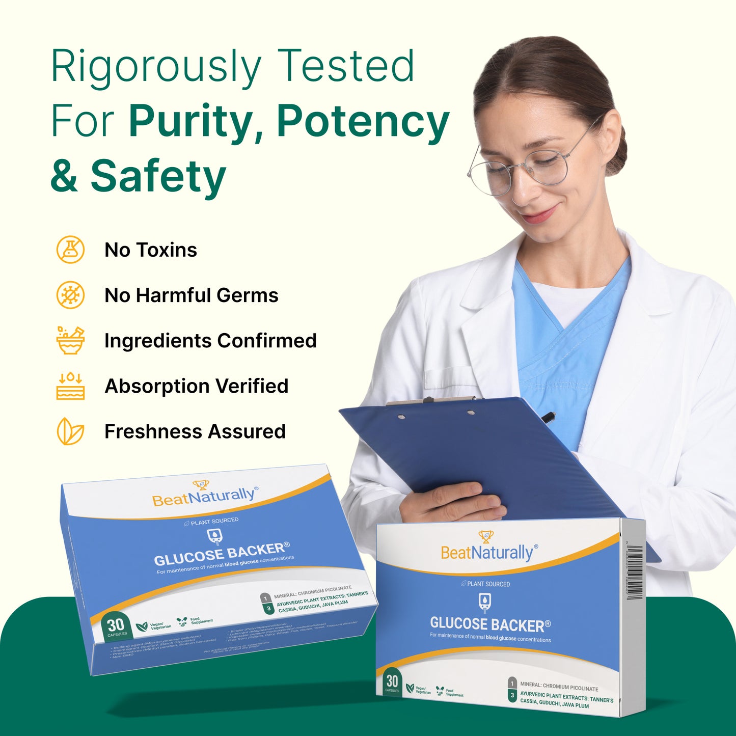 
                  
                    Woman in a lab coat with 'BeatNaturally' glucose backer boxes, emphasizing purity, potency, and safety.
                  
                