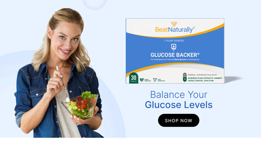 Woman holding a salad with a BeatNaturally's glucose product box on a light blue background
