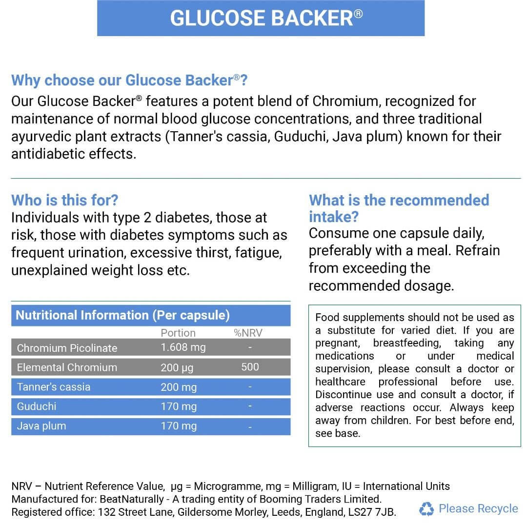 
                  
                    Glucose Backer package backside - benefits, target users, recommended intake, nutrition and caution info.
                  
                