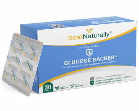BeatNaturally Glucose Backer blood sugar supplement package with strip.