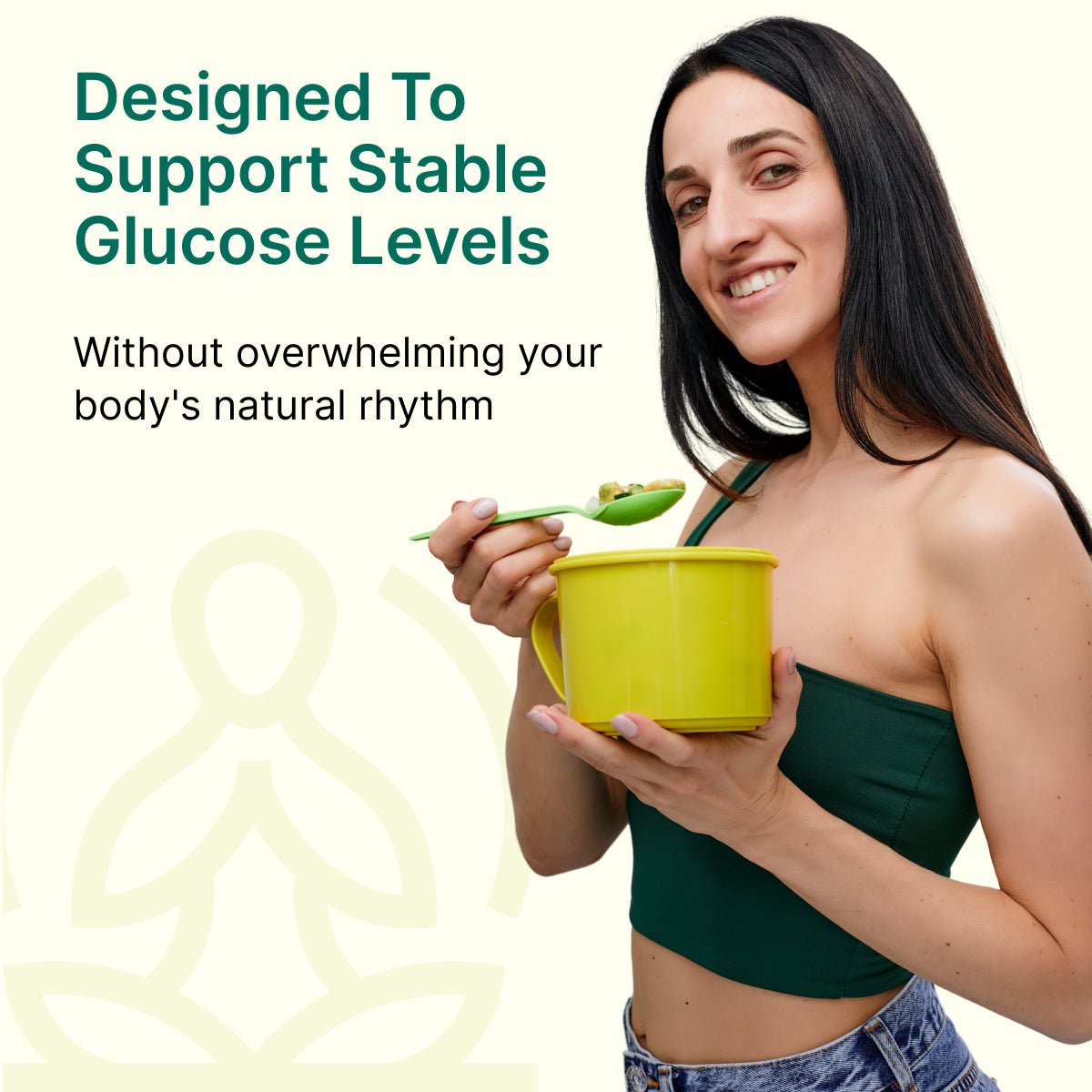 
                  
                    Woman holding a yellow mug and spoon with text about the purpose of BeatNaturally's Glucose Backer.
                  
                
