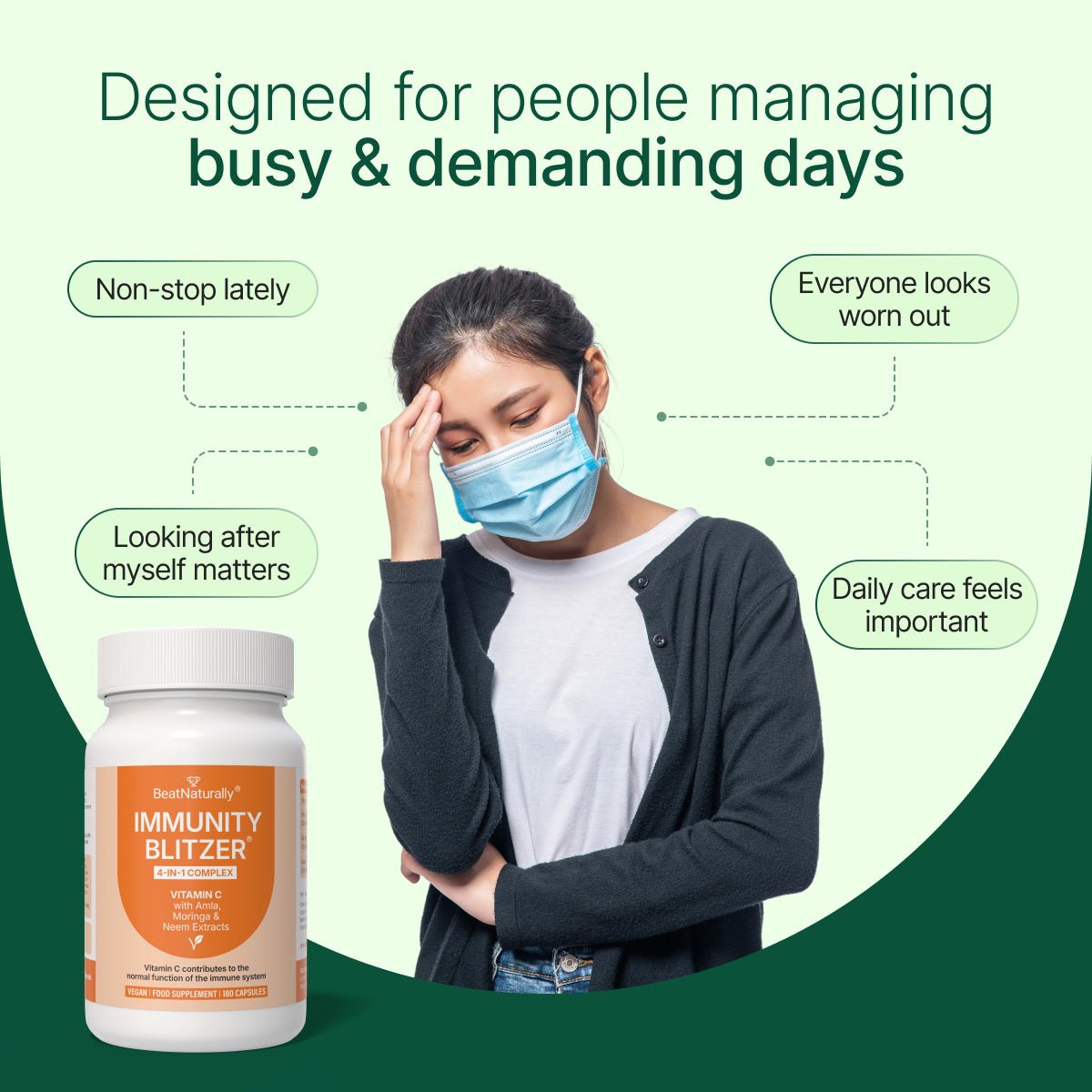 Person wearing a face mask with text about managing busy days and an immunity blitzer supplement bottle.