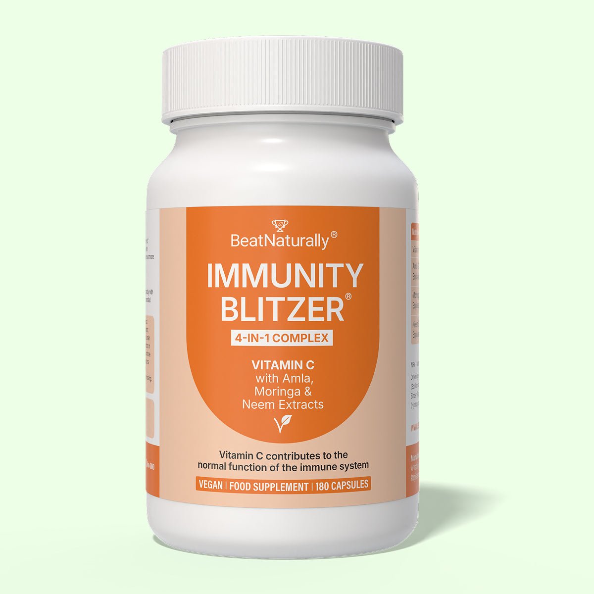 Immunity Blitzer Supplement bottle labeled 'Immunity Blitzer' on a light green background