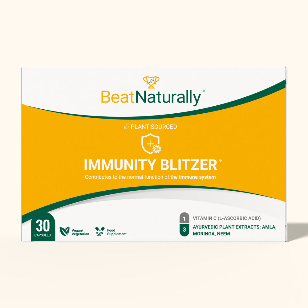 Box of 'Immunity Blitzer' supplement with 'BeatNaturally' branding on a white background