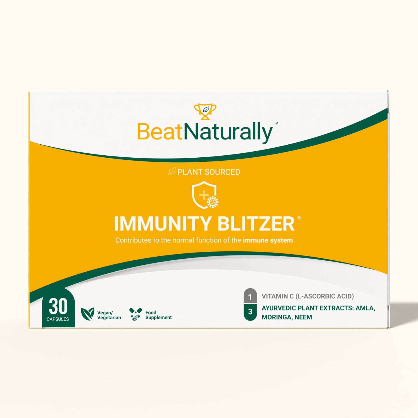 Box of 'Immunity Blitzer' supplement with 'BeatNaturally' branding on a white background