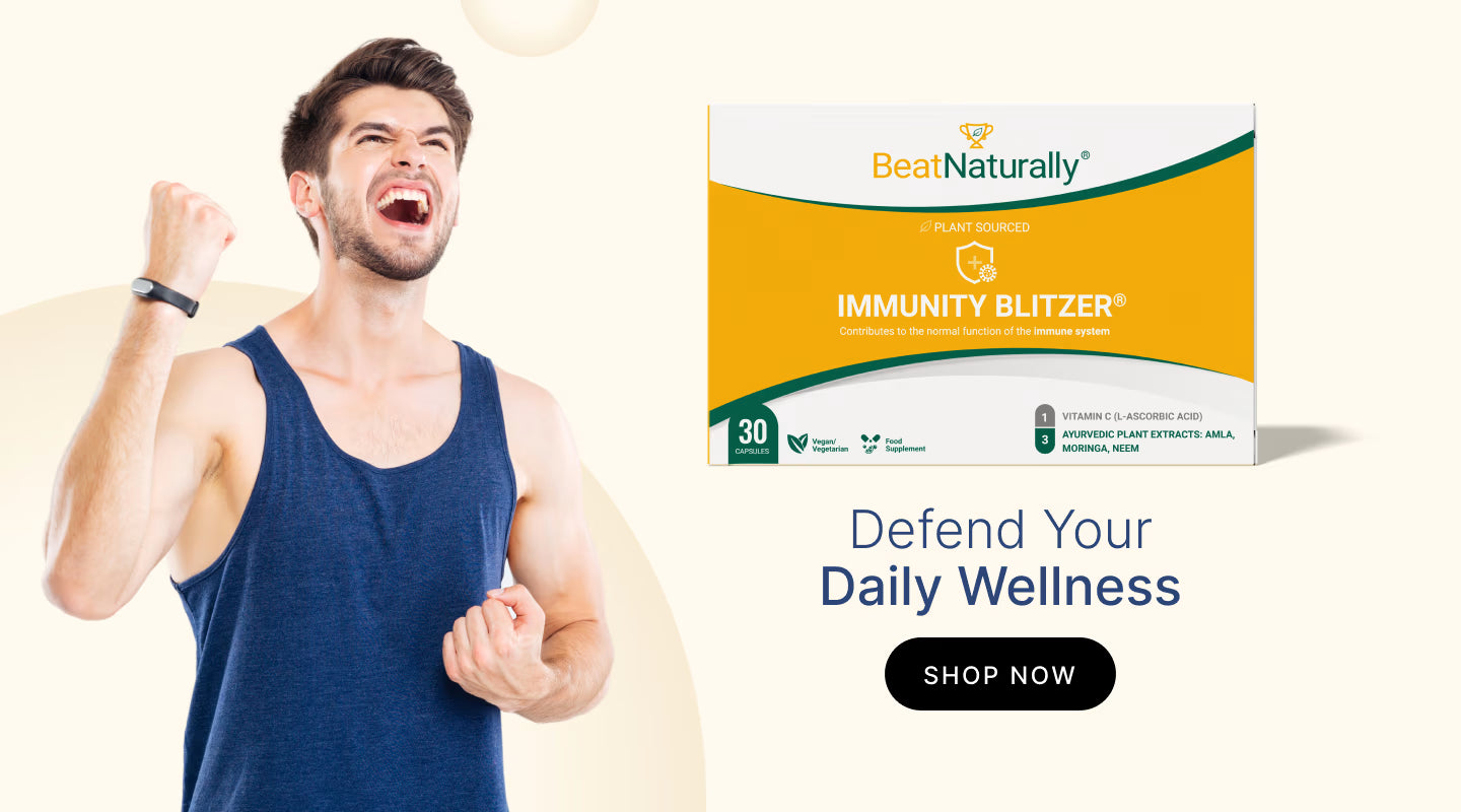 BeatNaturally Immunity Booster supplement promotion — mobile banner with man in blue tank top celebrating on beige background.