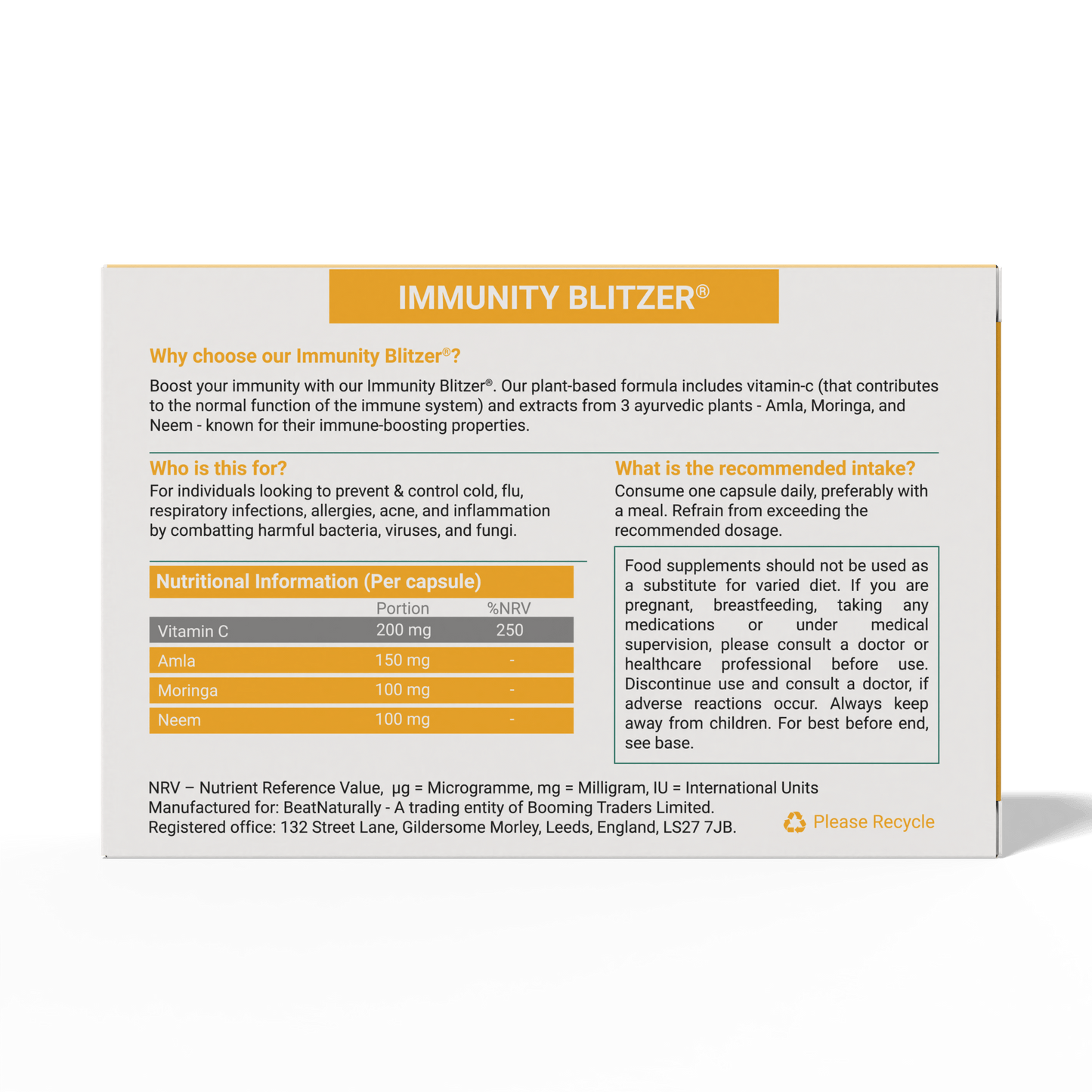 
                  
                    Immunity Blitzer supplement packaging - backside with nutritional information.
                  
                