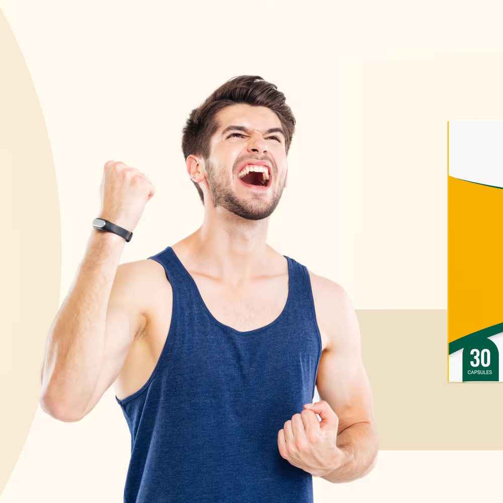 BeatNaturally Immunity Booster supplement promotion — with man in blue tank top celebrating on beige background.