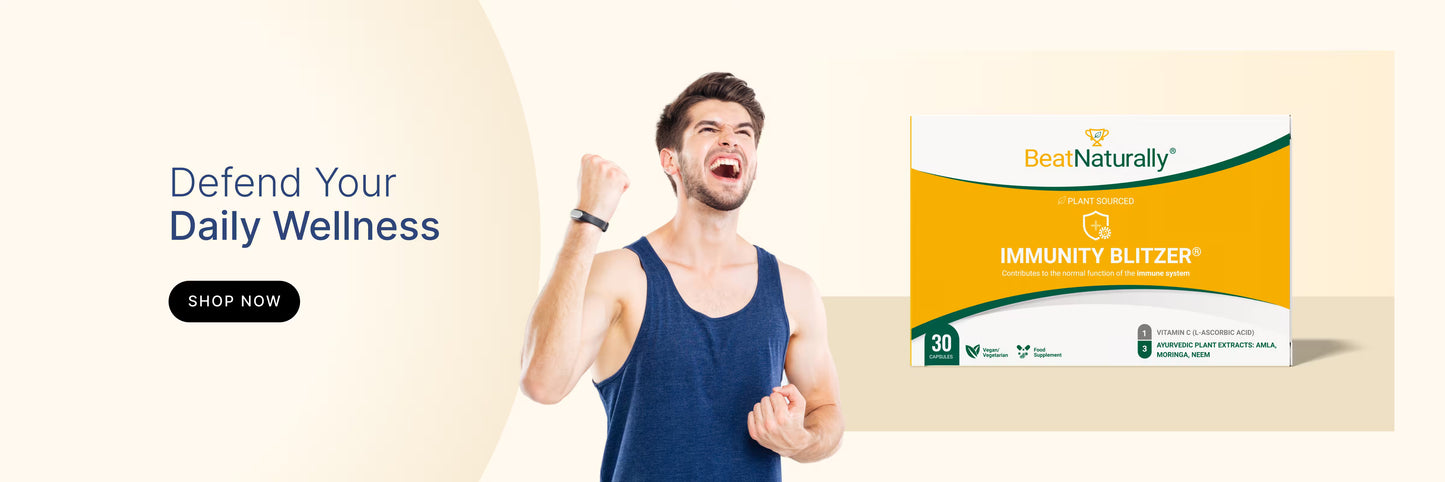BeatNaturally Immunity Booster supplement promotion — with man in blue tank top celebrating on beige background.