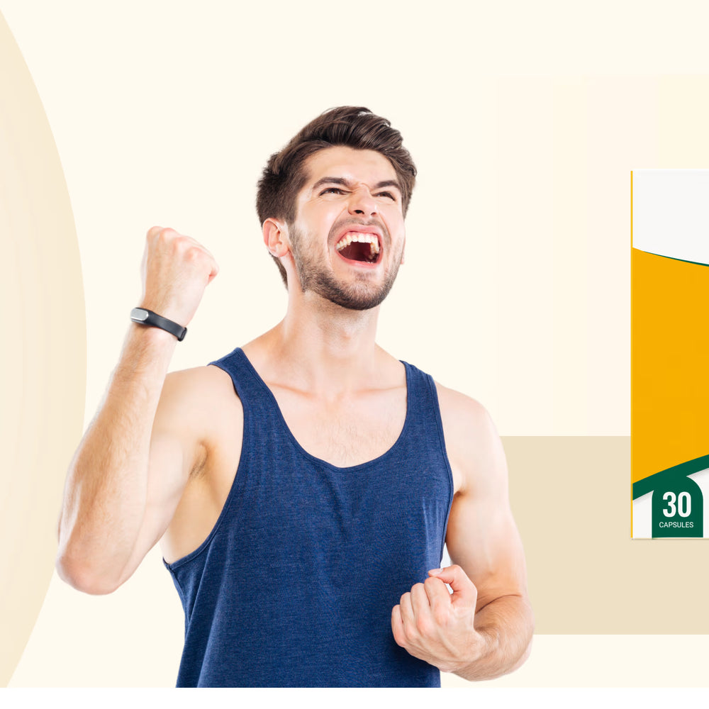 Man celebrating with a supplement package labeled 'Immunity Blitzer' on a light background