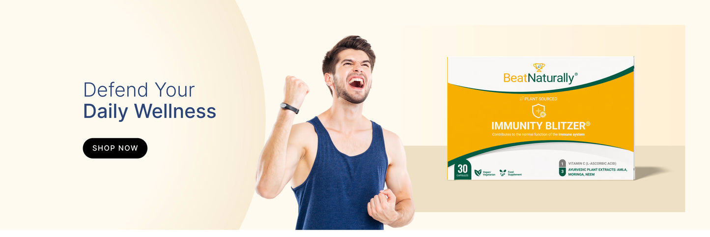 Man celebrating with a supplement package labeled 'Immunity Blitzer' on a light background