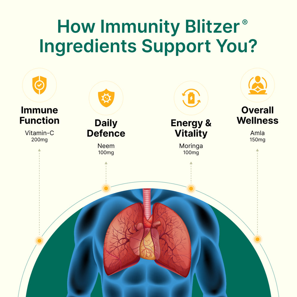 
                  
                    Diagram showing how Immunity Blitzer ingredients support immune system with a focus on immune function, daily defence, energy & vitality and overall wellness.
                  
                