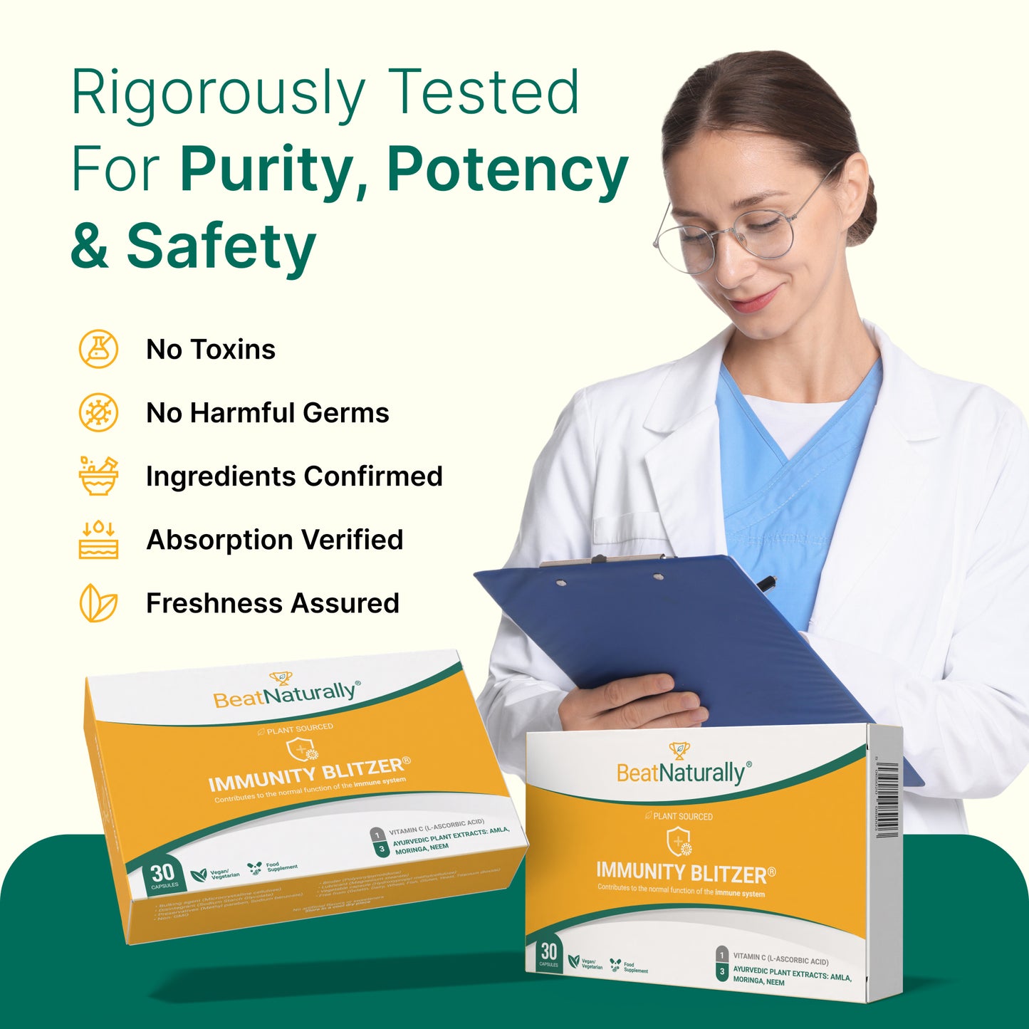 
                  
                    Woman in a lab coat with BeatNaturally's 'Immunity Blitzer' packaging, emphasizing purity, potency, and safety.
                  
                