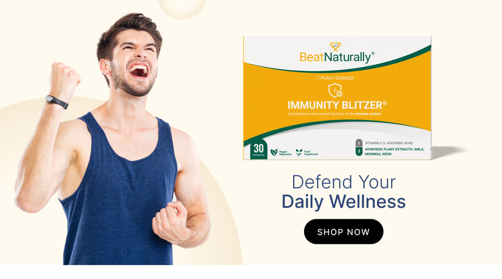 Man in blue tank top with 'Immunity Blitzer' product packaging on a white background