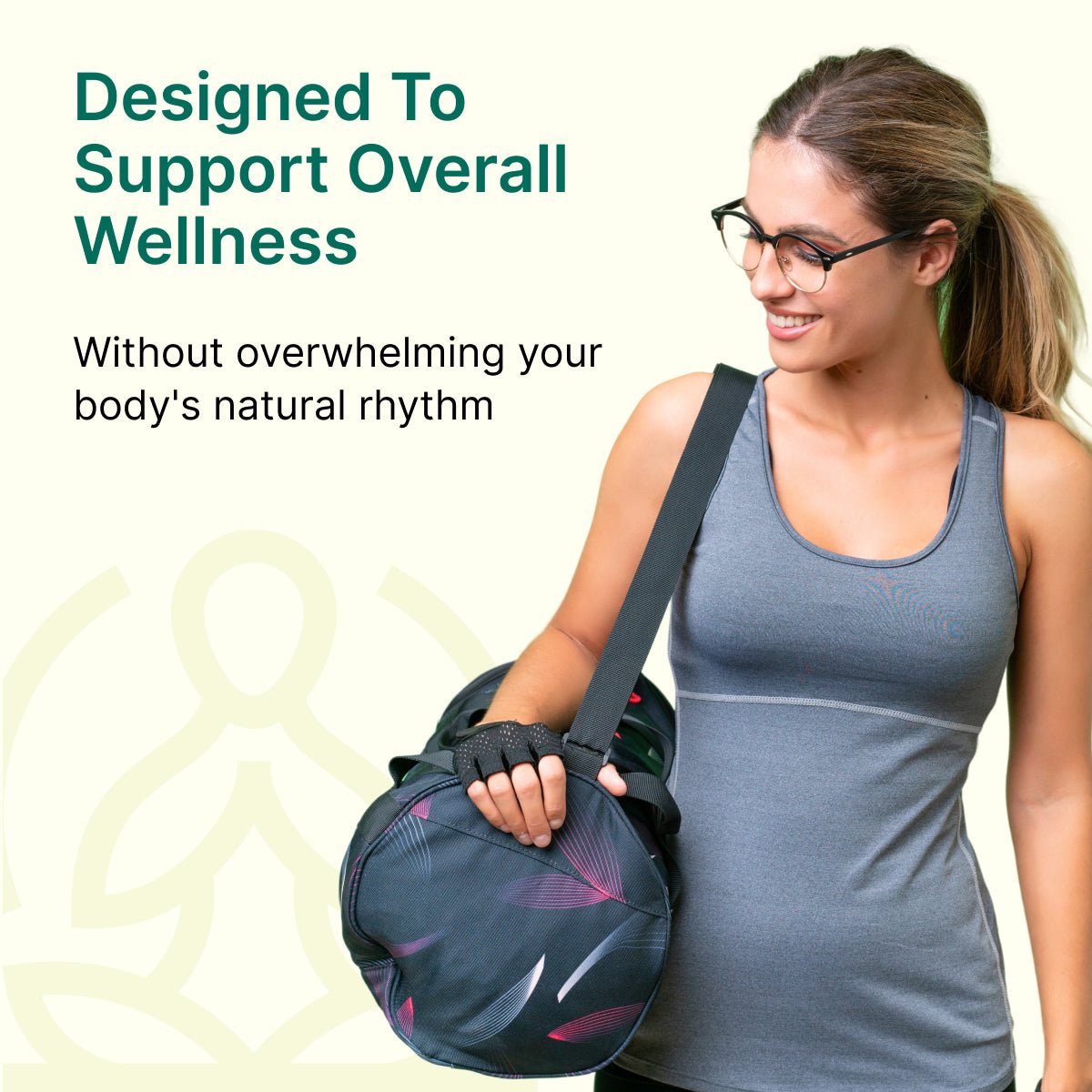 Woman holding a gym bag with text about the purpose of BeatNaturally's Immunity Blitzer on a light background.