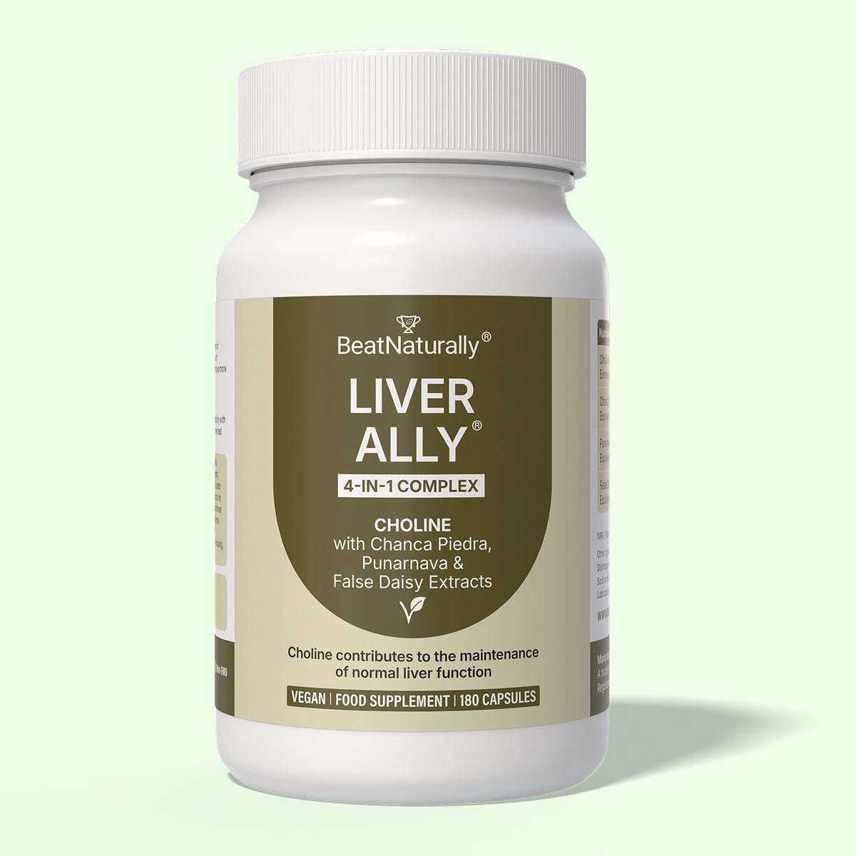 Supplement bottle labeled 'Liver Ally' on a light green background