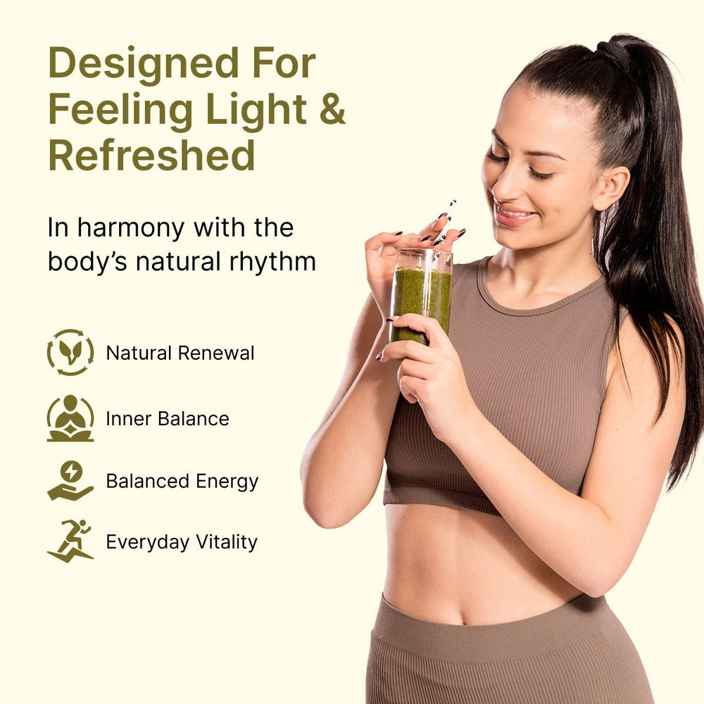 
                  
                    Woman holding a green smoothie with text about BeatNaturally's Liver ally descriptors - natural renewal, inner balance, balanced energy, and everyday vitality.
                  
                