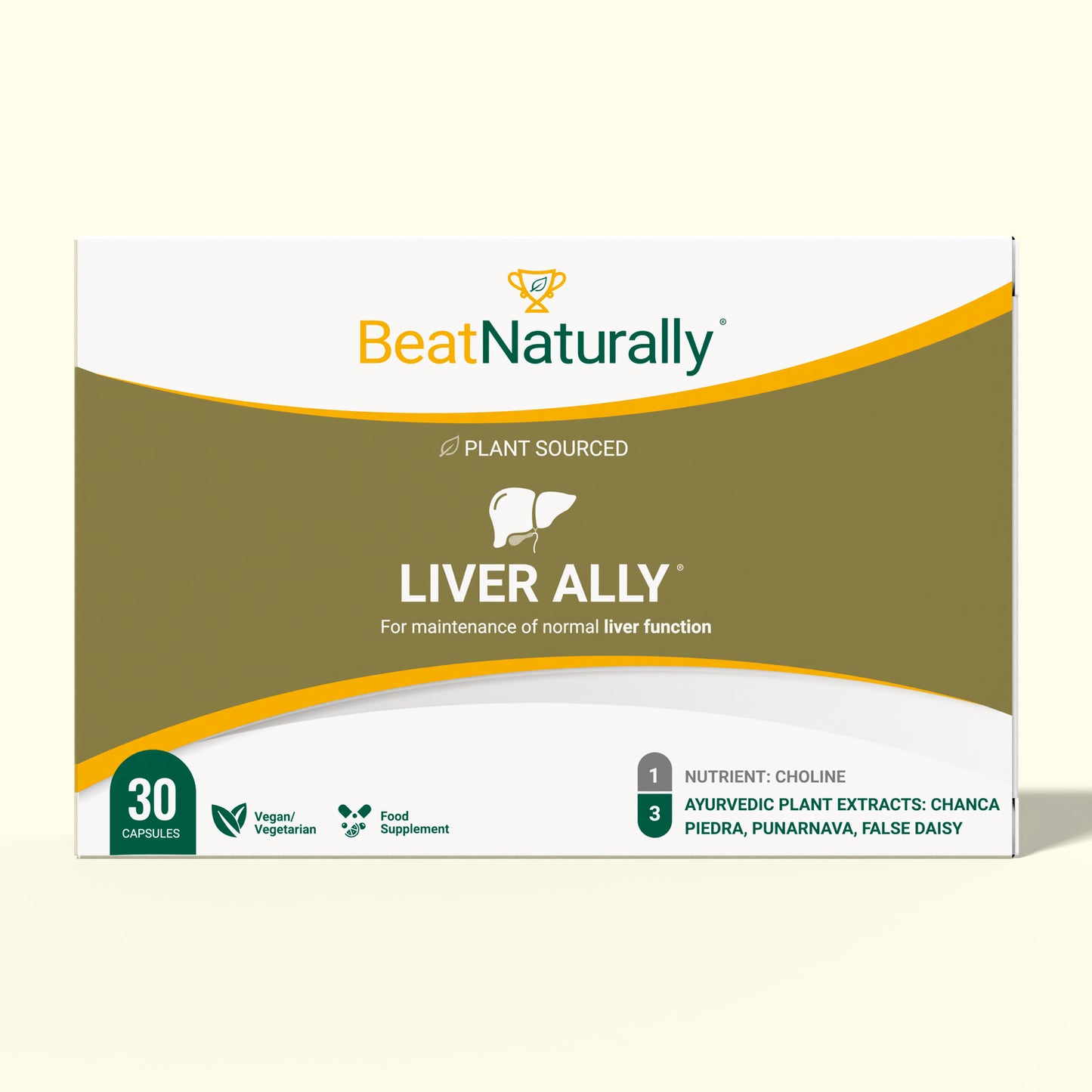 Box of Liver Ally supplement by BeatNaturally on a beige background