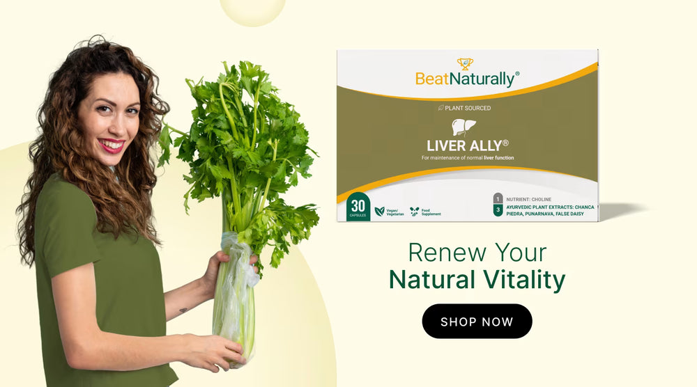 BeatNaturally Liver Ally supplement promotion — Renew Natural Vitality, mobile banner with woman holding a bag of greens on beige background.