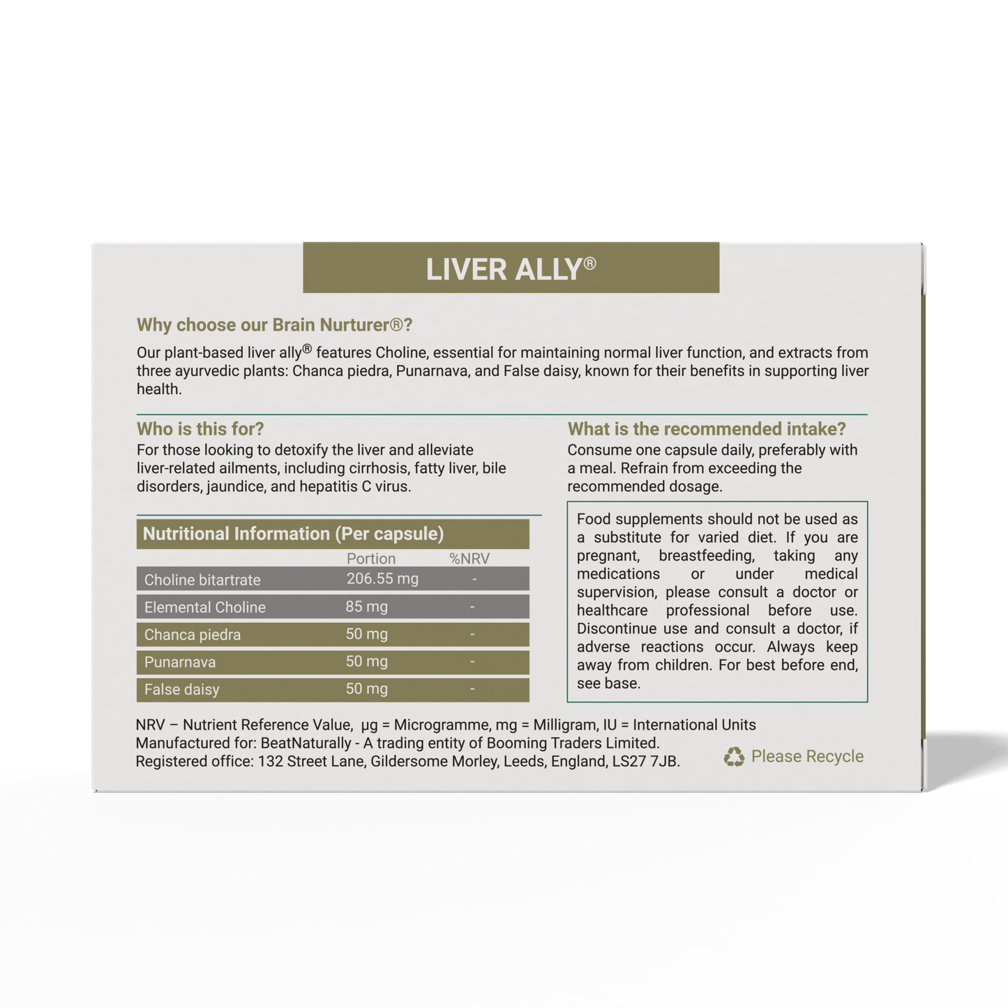 
                  
                    Liver Ally supplement packaging backside with nutritional information on a white background
                  
                