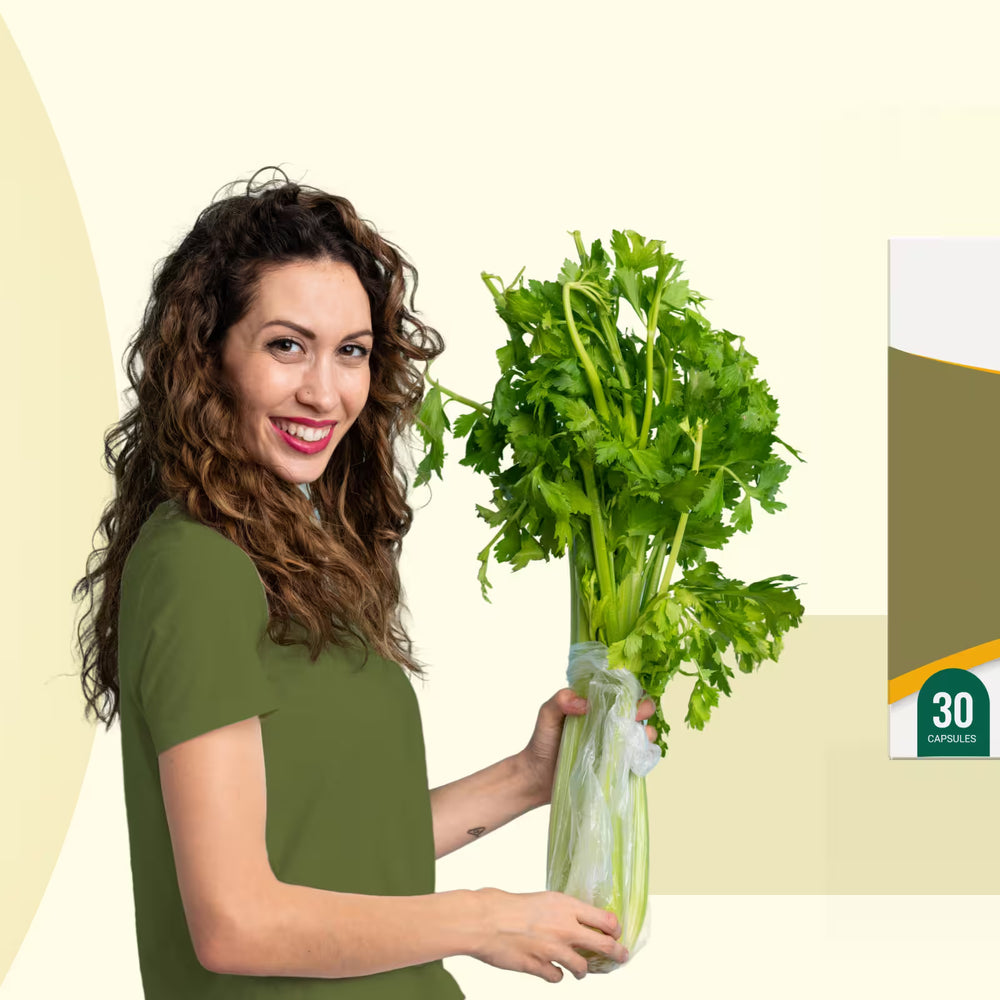 BeatNaturally's Liver Ally supplement promotion — Renew Natural Vitality, with woman holding a bag of greens on beige background.