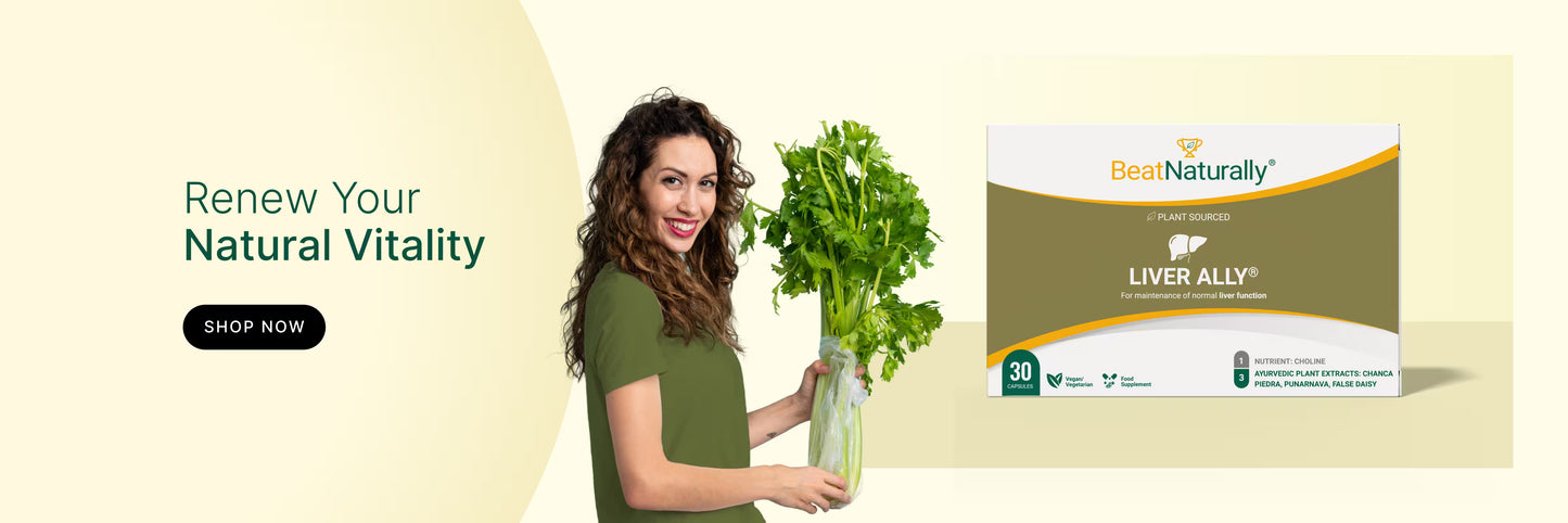 BeatNaturally's Liver Ally supplement promotion — Renew Natural Vitality, with woman holding a bag of greens on beige background.