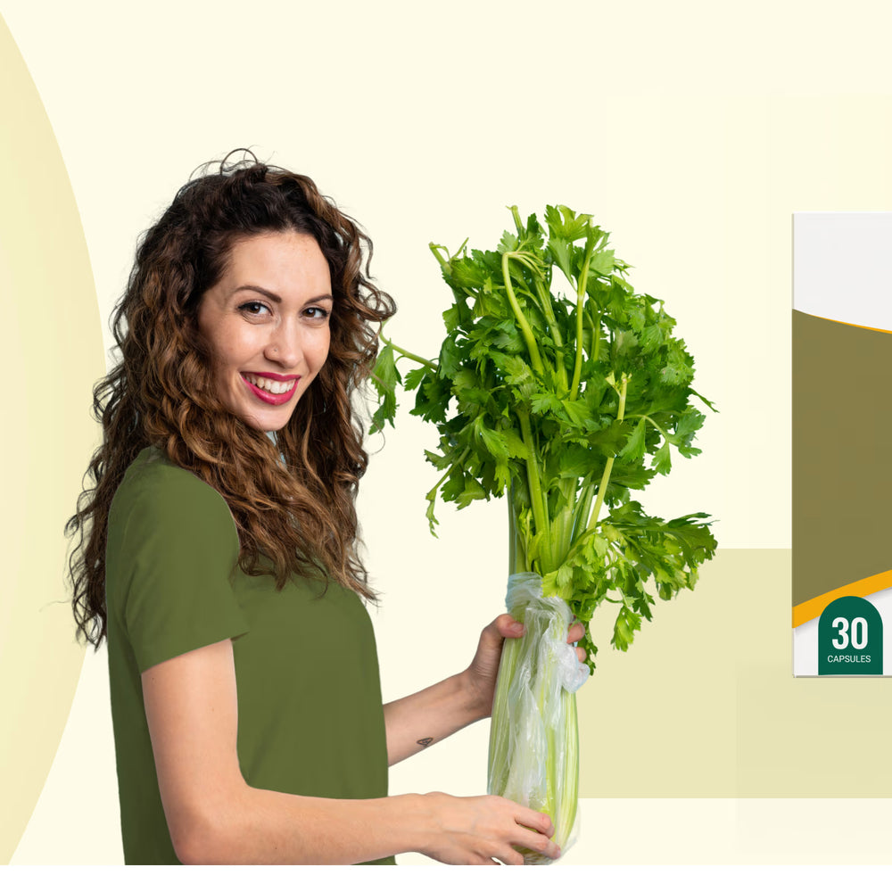 Woman holding a vase of greenery next to a BeatNaturally product box on a beige background
