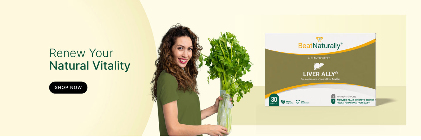 Woman holding a vase of greenery next to a BeatNaturally product box on a beige background