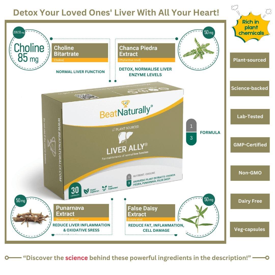 
                  
                    Key callouts of BeatNaturally's Liver Ally – a natural liver detox and cleanse supplement.
                  
                