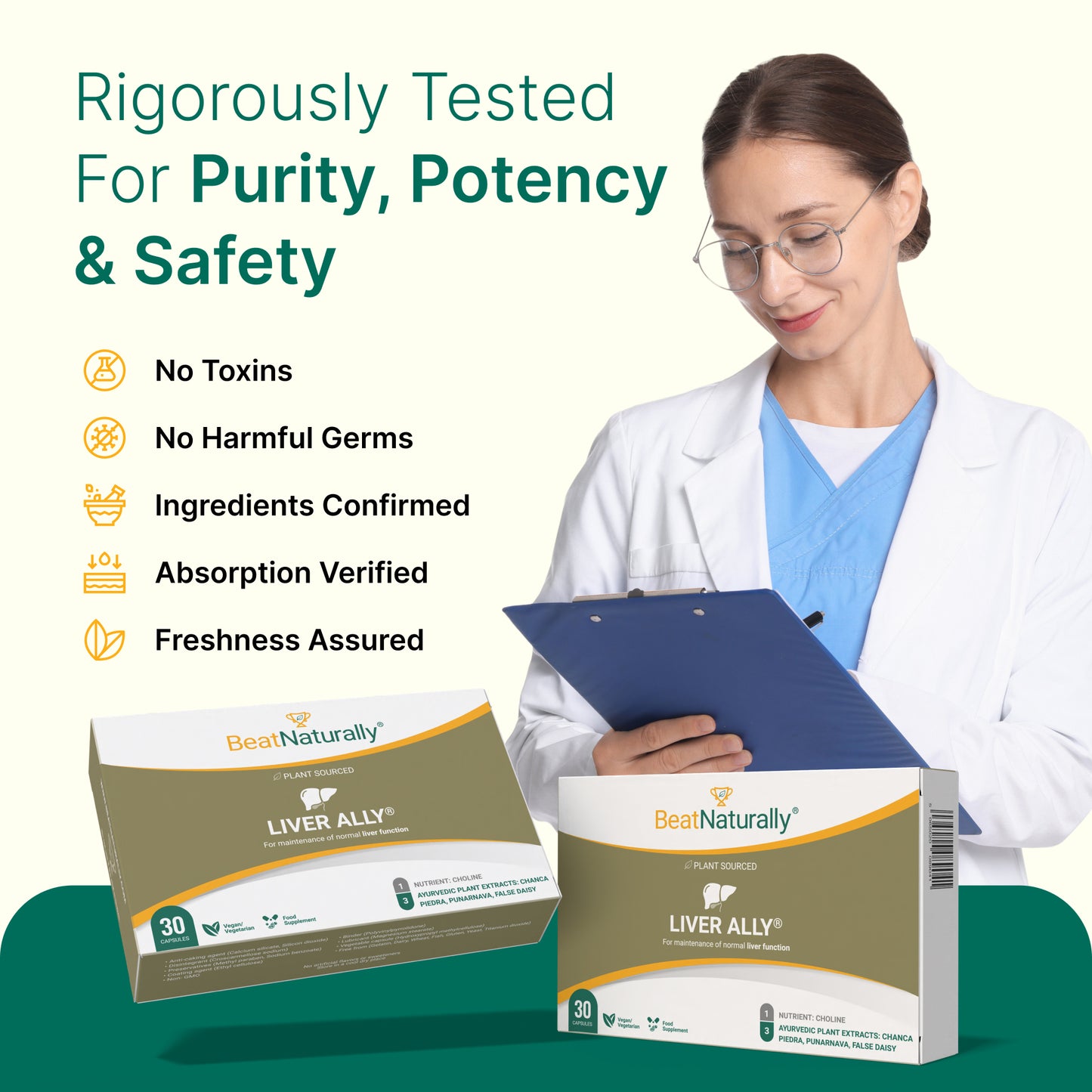 
                  
                    Woman in a lab coat with BeatNaturally's Liver Ally packaging, emphasizing purity, potency, and safety.
                  
                