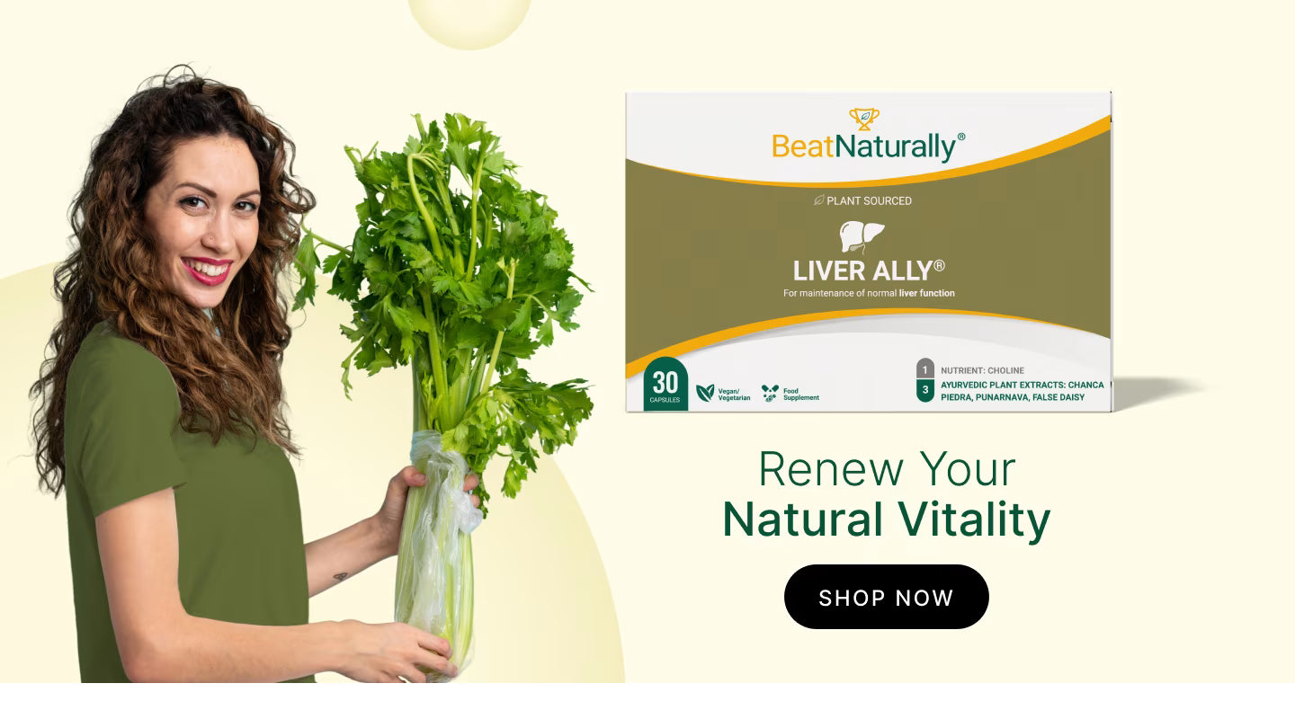 Woman holding parsley with a supplement package on a light yellow background