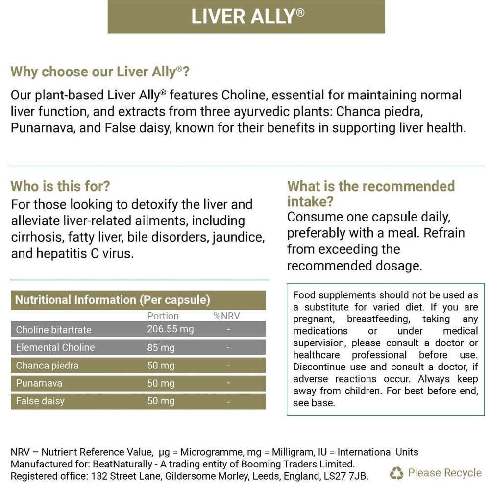 
                  
                    Liver Ally package backside - benefits, target users, recommended intake, nutrition and caution info.
                  
                