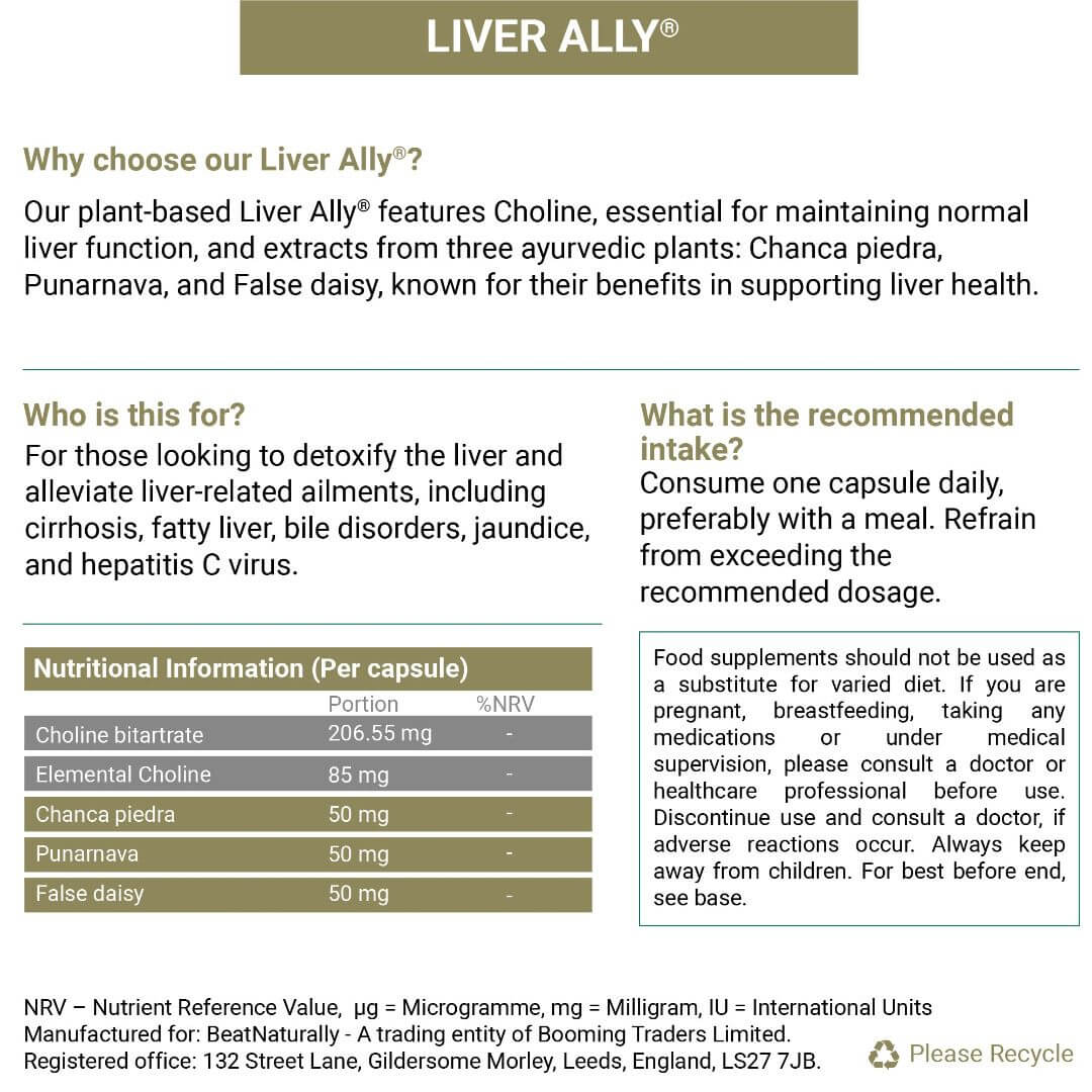 
                  
                    Liver Ally package backside - benefits, target users, recommended intake, nutrition and caution info.
                  
                