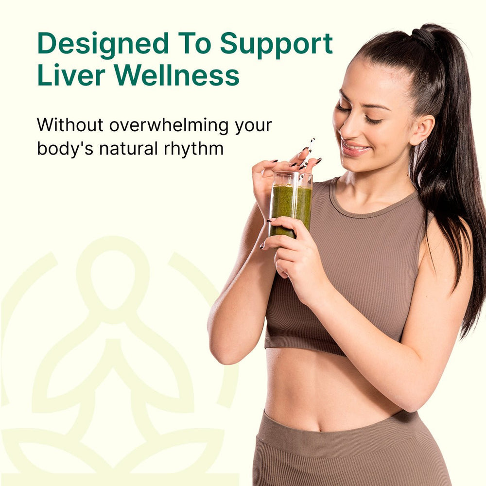 Woman holding a green smoothie with text about the purpose of BeatNaturally's Liver Ally on a light background.