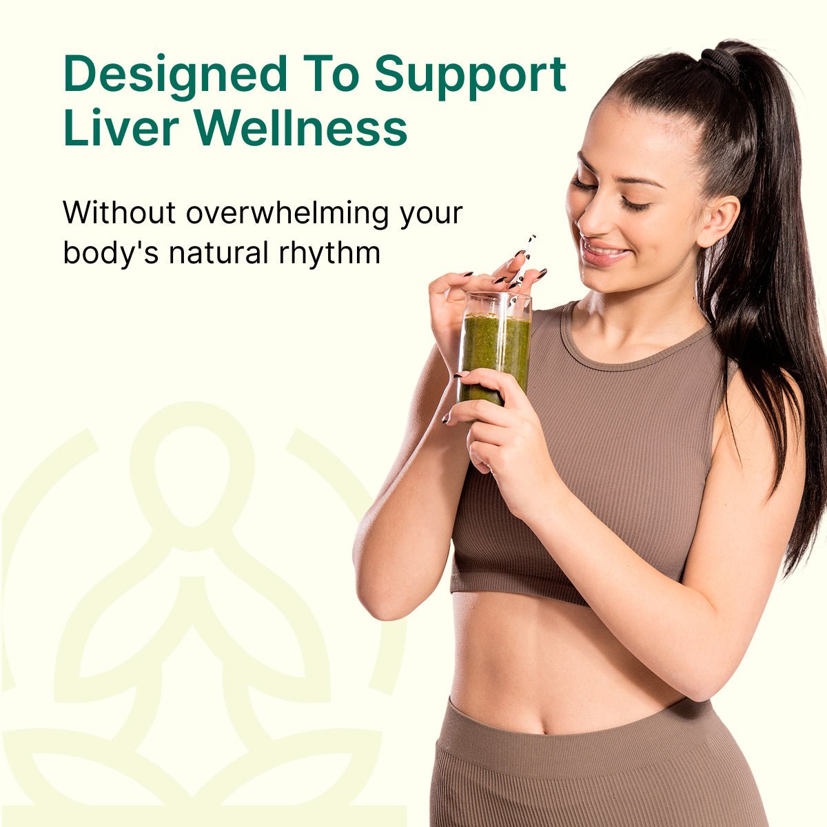 Woman holding a green smoothie with text about the purpose of BeatNaturally's Liver Ally on a light background.