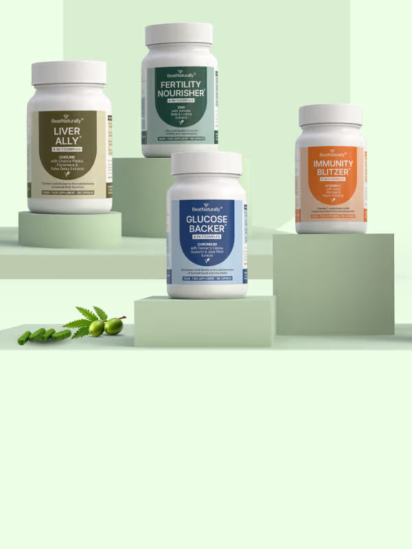 BeatNaturally Supplement bottles on a green background