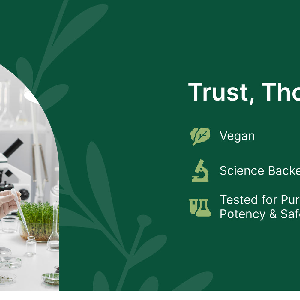 Person in a lab coat using a microscope with a green background and certification icons.