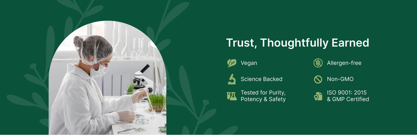 Person in a lab coat using a microscope with a green background and certification icons.