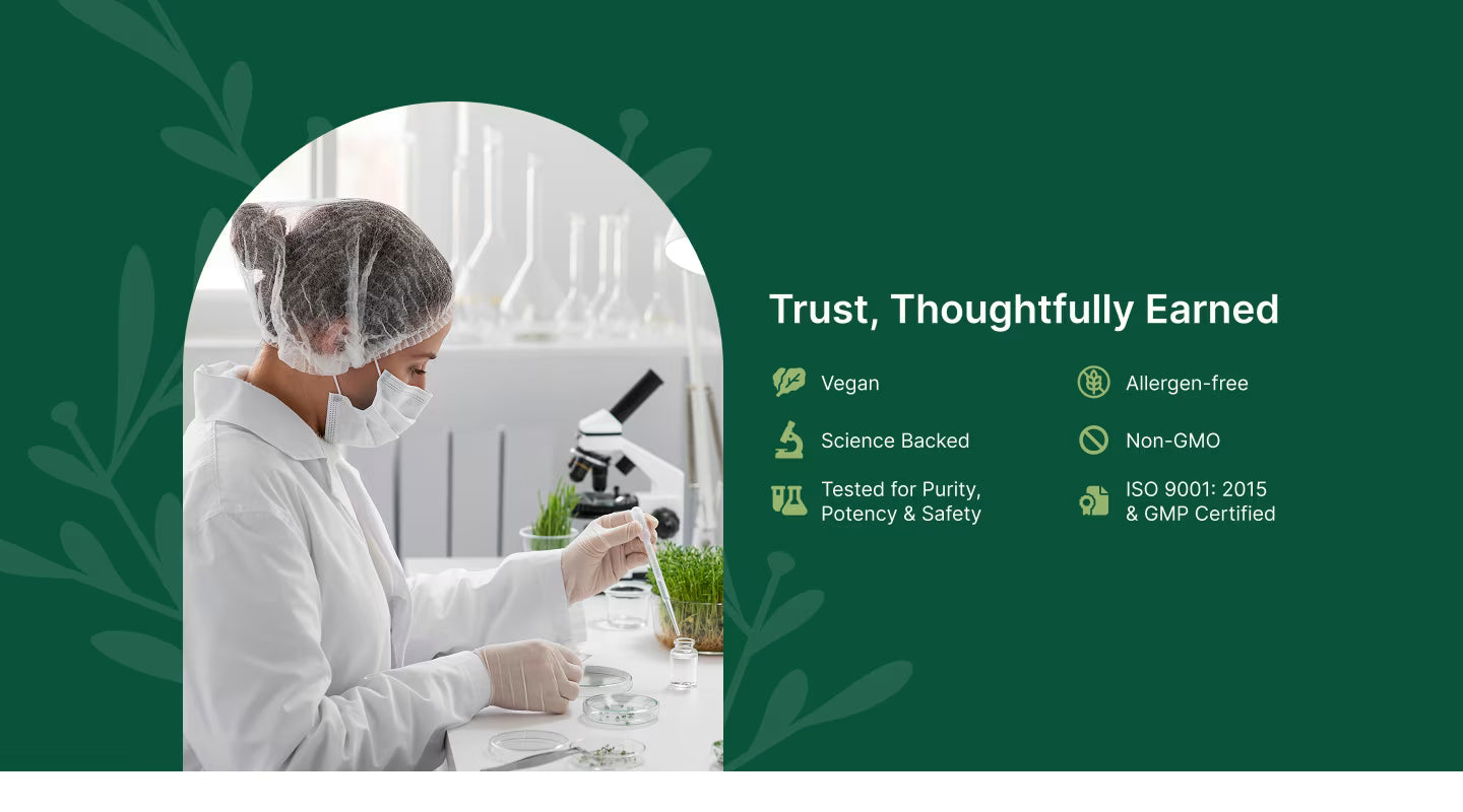 Person in a lab coat working with a microscope, surrounded by greenery, with certification icons on a green background.
